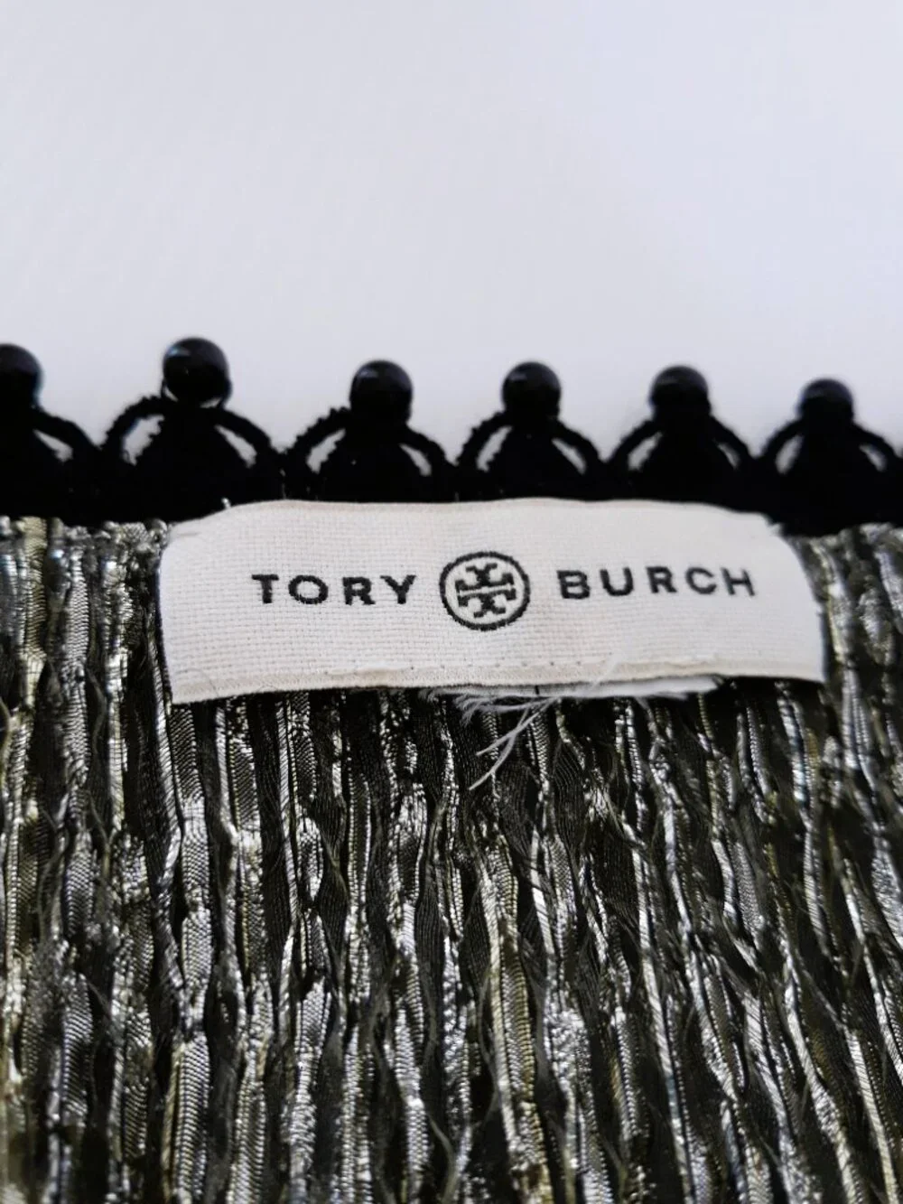 Tory Burch Silver Gold Lame Beaded Scarf Party Event Lightweight